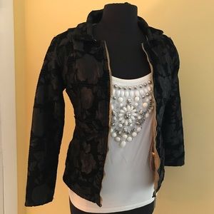 Black floral jacket with gold lining. Size SP